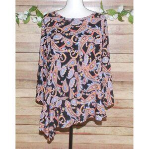 Zac & Rachel Colorful Paisley Print Asymmetric Hem Tunic Blouse Size 2X Stretch